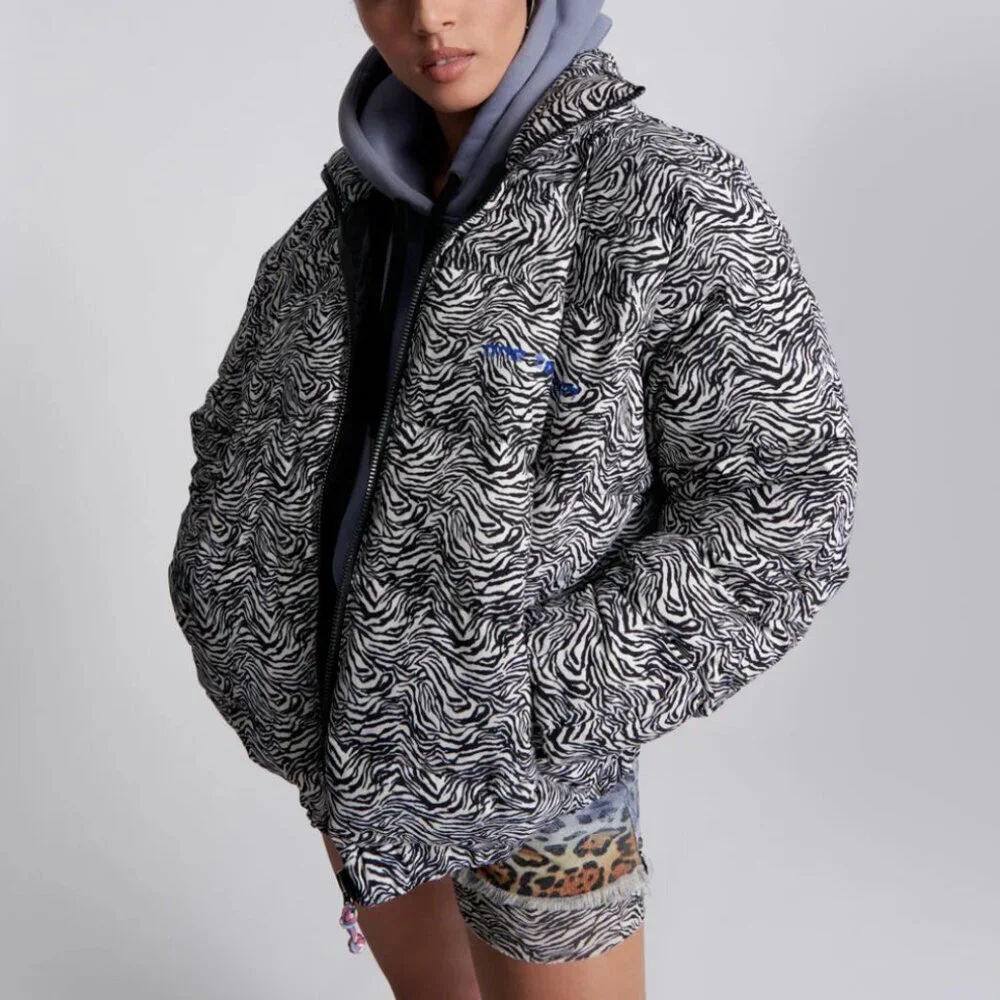 One Teaspoon Zebra Puffer Jacket Coat Front Zipper Double Pockets Cozy Comfy - Picture 2 of 4